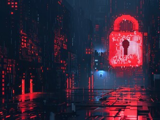 Naklejka premium Medium shot of a digital lock interface glitching pixel art style minimalist depicting a cyber attack in progress