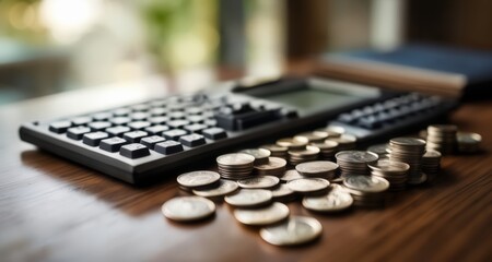  A pile of coins next to a calculator, symbolizing financial planning or budgeting