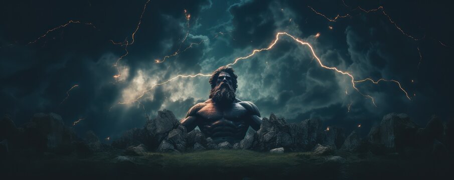 Medium shot of a broken Zeus statue in a field of lightning rods minimalist conceptual art drawing a connection between ancient and modern power