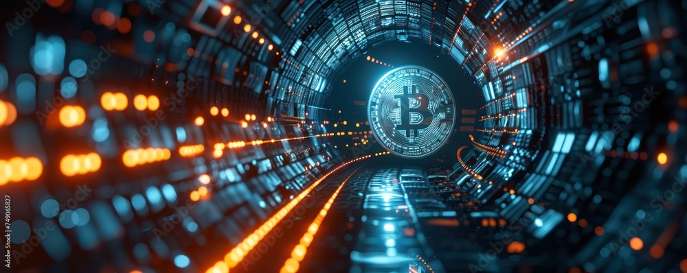 Poster medium shot of a virtual private network vpn tunnel protecting bitcoin data representing vpn tunnel 