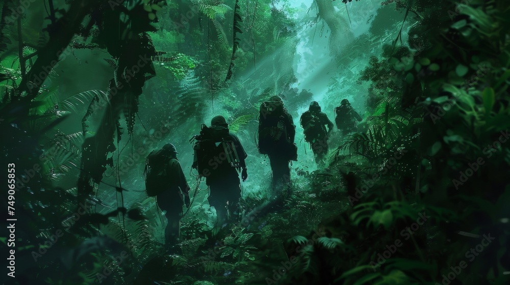 Poster a group of adventurers make way through a deep lush forest navigating towering trees and steep incli