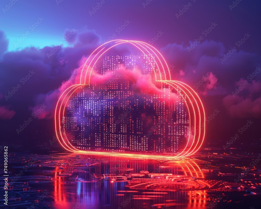 Poster medium shot of fingerprints over a cloud data symbol in a minimalist neon style showcasing the perso
