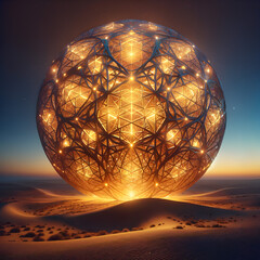 A large, intricate spherical structure with a design based on sacred geometry.