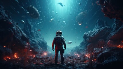 Medium shot of a stylized astronaut in the deep sea surrounded by bioluminescent creatures showcasing a minimalist approach to the theme of alien and familiar life forms merging