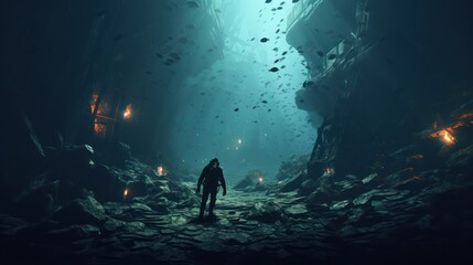 Medium shot of a young diver in VR exploring a sunken shipwreck minimalist digital painting combining history and marine exploration - obrazy, fototapety, plakaty