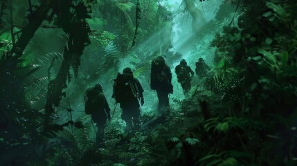 A group of adventurers make way through a deep lush forest navigating towering trees and steep inclines as they push limits in search of new discoveries.
