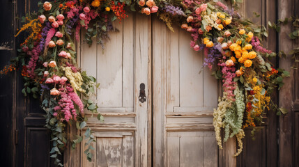 Fototapeta na wymiar Elegant Floral Archway Over Rustic Wooden Doors