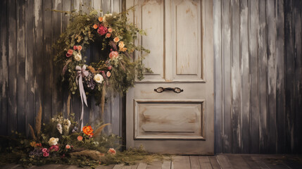 Fototapeta na wymiar Romantic Doorway Adorned with a Rustic Floral Wreath