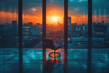 An empty office chair in front of a large window overlooking a vibrant city skyline at sunset, implying opportunities