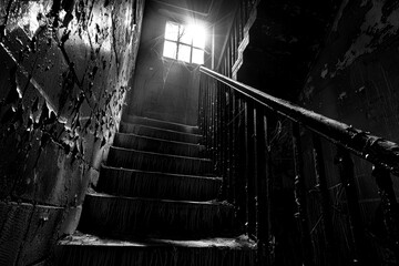 Crumbling stairwell in an old abandoned building, grayscale, generative ai