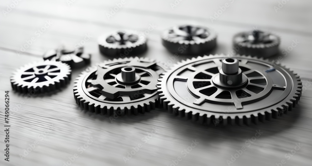 Poster precision in motion - a collection of gears on a wooden surface