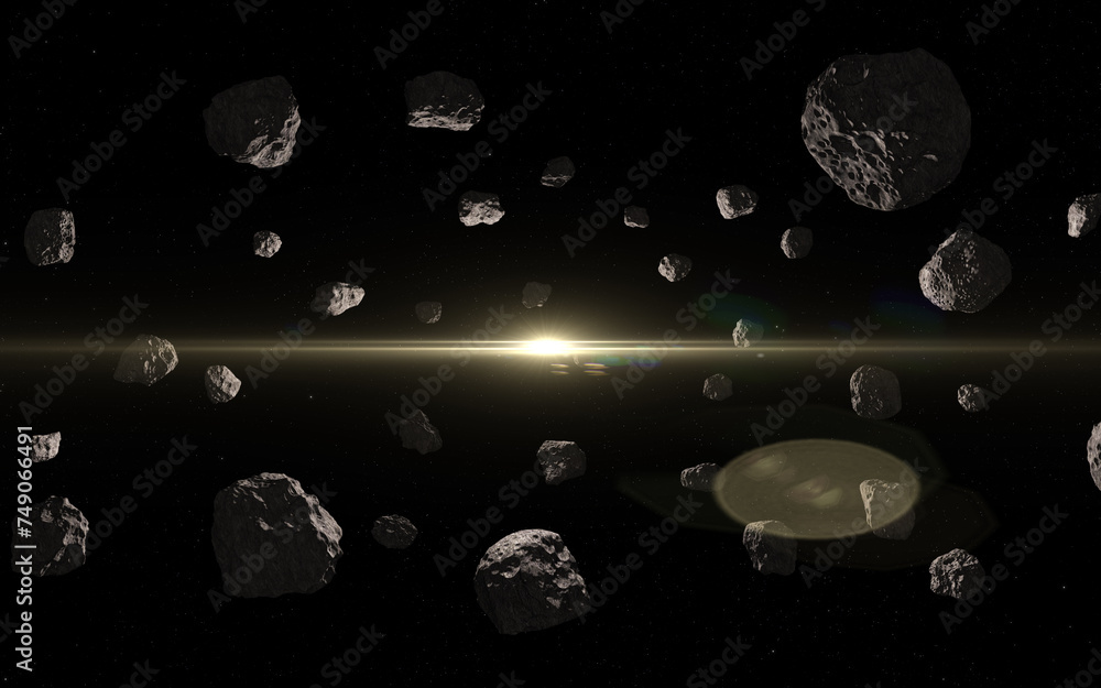 Canvas Prints asteroids in deep outer space and sun. asteroid belt and sun. dark outer space, meteorites or debris
