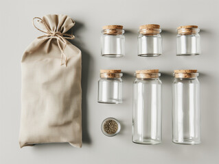 Eco-Friendly Packaging: Top-Down View of Reusable Glass Jars and Natural Fabric Pouch