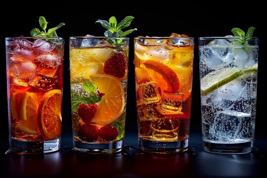 A row of tall glasses filled with richly colored fruit drinks lined neatly against a moody backdrop
