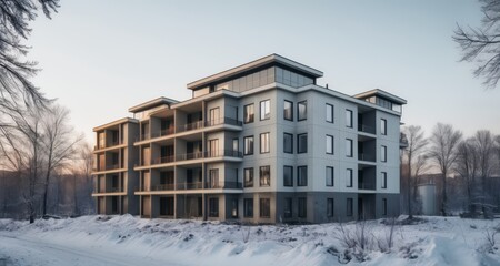  Modern apartment building in a serene winter setting