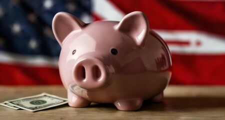  Savings piggy bank with American flag backdrop