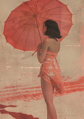 Red Umbrella Standing Out in Warm Colored Outdoor Scene, with retro stile color photography effect