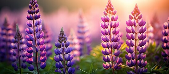 Obraz premium A field of vibrant purple lupine flowers illuminated by the morning sun in the springtime.