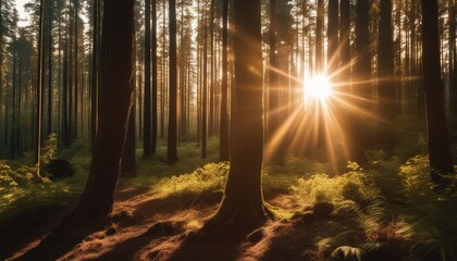 Sunlight streaming through a forest, creating a magical atmosphere