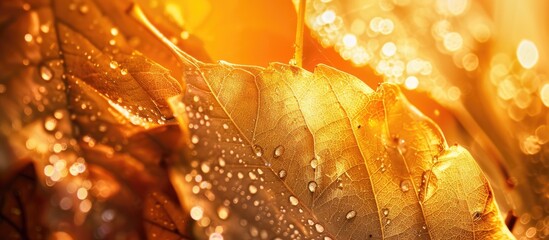 Detailed close-up of a golden leaf covered in glistening water droplets, showcasing the intricate textures and patterns of nature. - obrazy, fototapety, plakaty