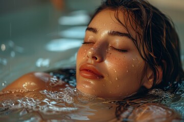 A mysterious image capturing a woman's moment of tranquility submerged in dimly lit water, emphasizing peaceful solitude