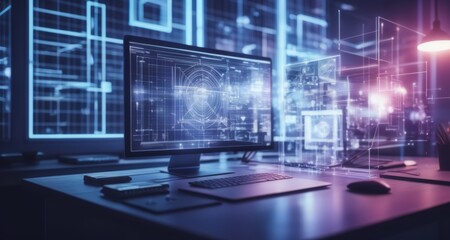  High-tech workspace with glowing blue screens and modern equipment