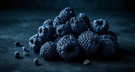  A cluster of dark berries, possibly blueberries, with a few fallen ones on a dark surface
