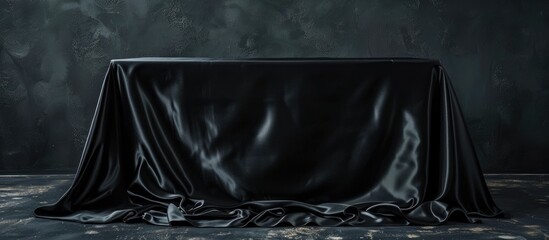 A black silk elegance tablecloth covers a table. The shiny fabric creates a sleek and sophisticated look, perfect for a trade show exhibition or as a design element for a background.