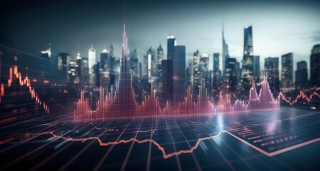  Cityscape with financial data overlay, symbolizing economic growth and urban development