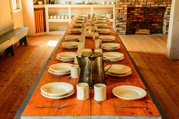 Replica of dining hall of historic military buildings from the 1875 era of the frontier army soldier.