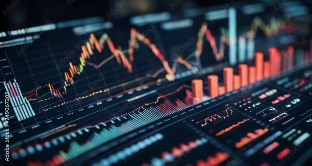 Poster dynamic financial dashboard with colorful charts and graphs
