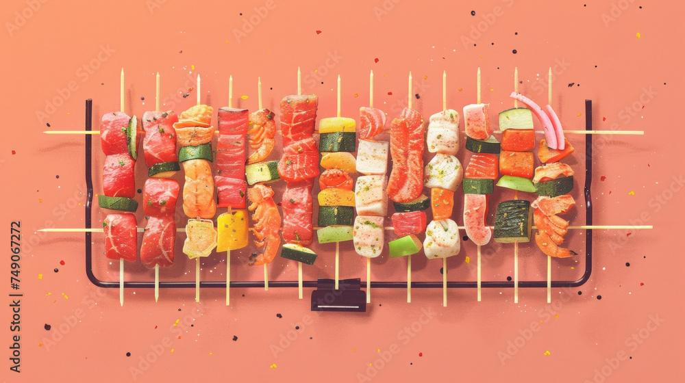 Poster a colorful display of bitesized snacks on skewers lined up neatly on a portable grill. the ingredien