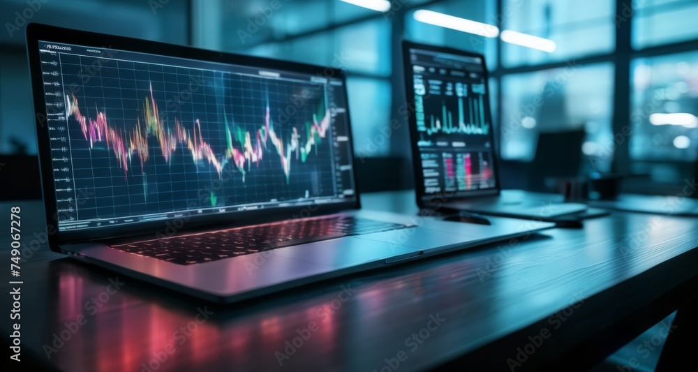 Poster modern workspace with two laptops displaying financial charts