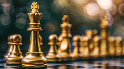 Standing out from the crowd, golden King chess standing in front of other chess, leader must have courage and challenge in the competition, business vision for a win in business games different