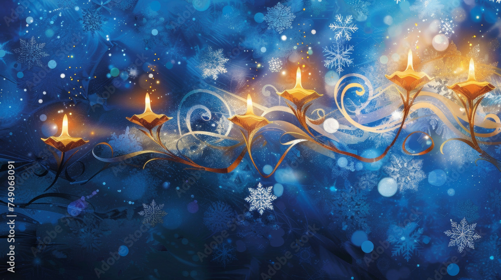 Poster an ethereal setting of swirling snowflakes capturing the wintry atmosphere of hanukkah.