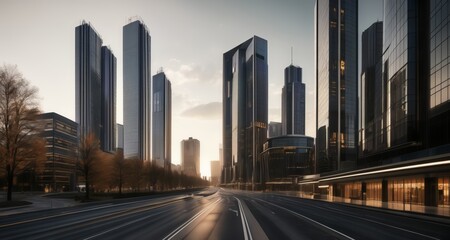 Fototapeta na wymiar Modern cityscape at sunrise, with sleek skyscrapers and a wide, empty street