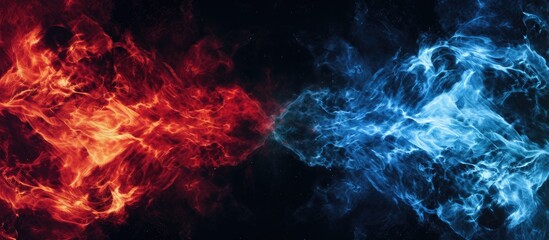 Two distinct fire flames, one blue and one red, burn brightly against a stark black backdrop. The...