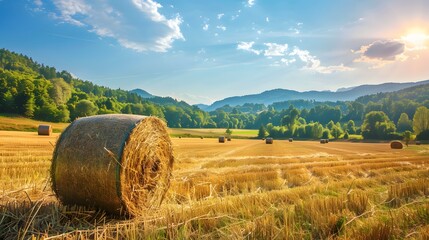 Hay bales in beautiful countryside farm land in sunny day. - obrazy, fototapety, plakaty