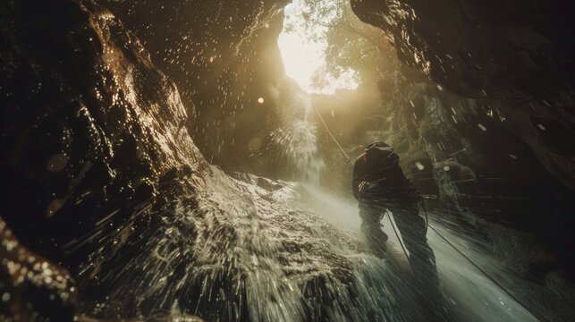 The thrill of rappelling down into a mysterious cave surrounded by the sound of rushing water and the smell of damp earth.