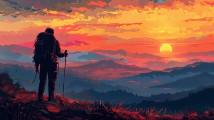 A lone hiker braving the untamed wilderness with only a backpack and a walking stick to guide . The sun is setting in the distance painting the landscape in warm fiery - obrazy, fototapety, plakaty
