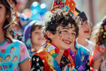 Cheerful Child Enjoying a Festive Parade with Colorful Confetti and Costumes Outdoors