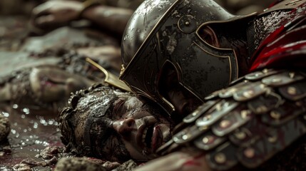 A hoplite mourns over the fallen body of his comrade helmet removed in respect. His glistening tears mix with the staining his armor.