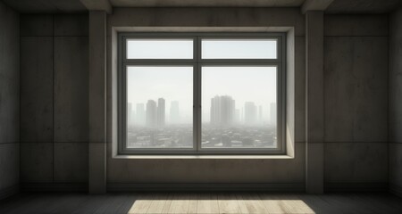  A serene view of a city skyline from a minimalist room