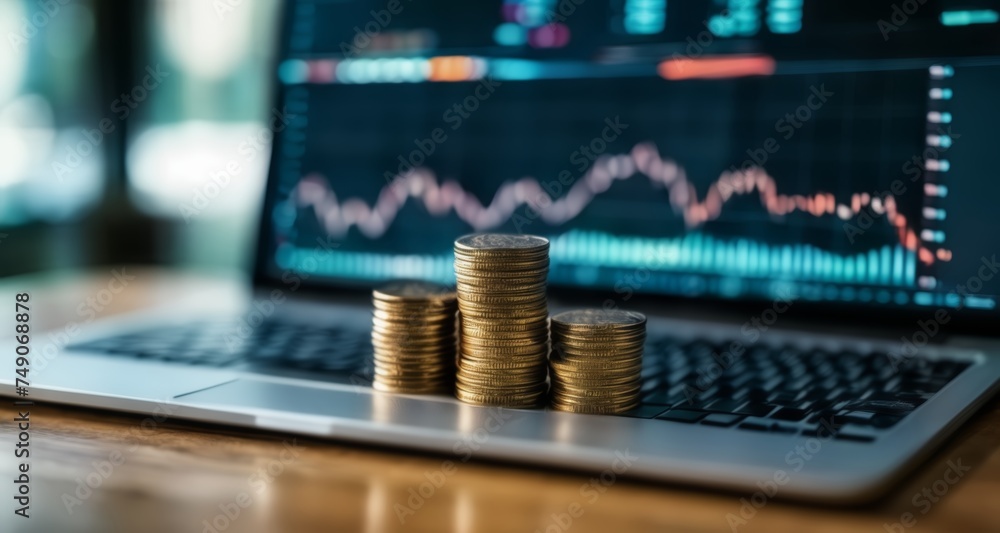 Poster digital wealth - a stack of gold coins on a laptop keyboard with a stock market chart in the backgro