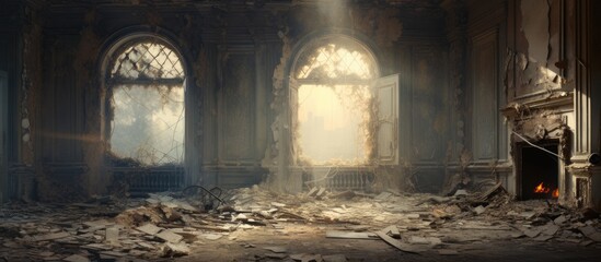 An abandoned room filled with rubble and debris, creating a disheveled and unkempt appearance. Dust covers the surfaces, giving a sense of neglect and decay. - obrazy, fototapety, plakaty