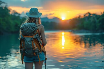A serene image of a backpacker woman taking in the sunset's beauty by the lake, embodying wanderlust and adventure in a tranquil setting