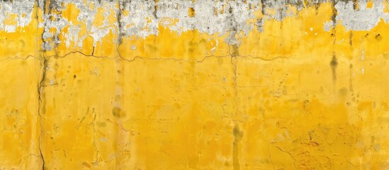 A worn yellow and white wall with peeling paint creating a textured and aged appearance. The paint is chipped and flaking, revealing the layers underneath.