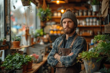 Bearded man with a warm smile standing in a cozy plant shop surrounded by greenery