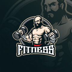 Fitness mascot logo design vector with modern illustration concept style for badge, emblem and t shirt printing. Men fitness illustration with barbell in hand.
