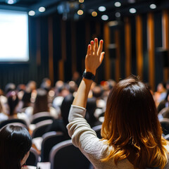 Businesswoman raising hand to ask question attending seminar in conference hall